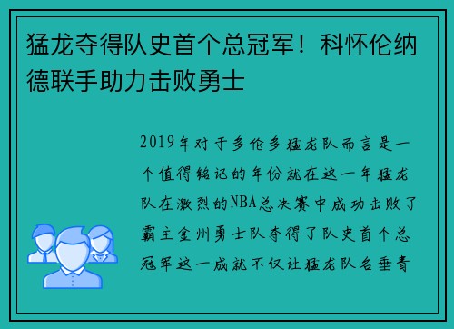 猛龙夺得队史首个总冠军！科怀伦纳德联手助力击败勇士
